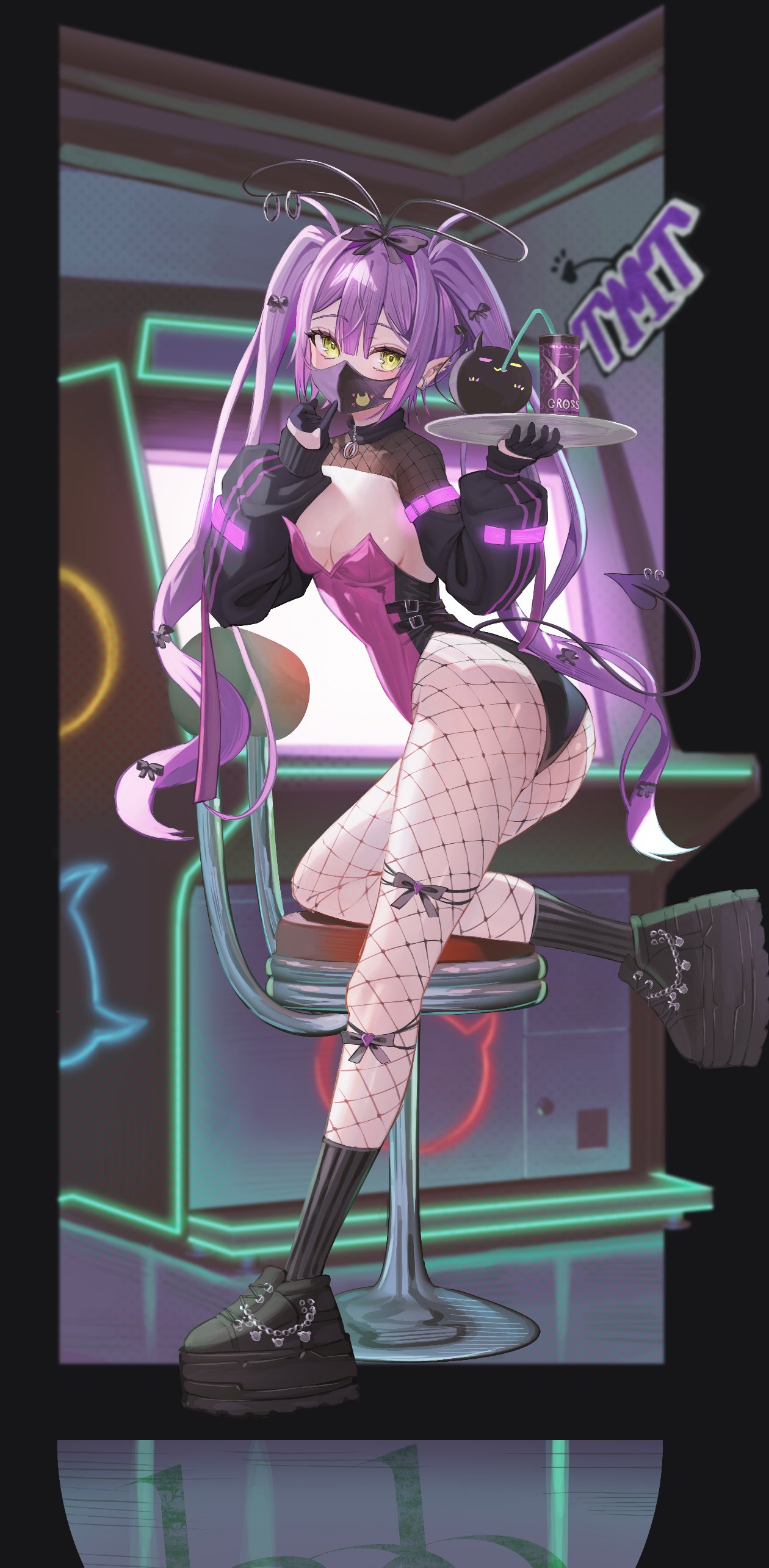 sanada keisui, bibi (tokoyami towa), tokoyami towa, hololive, absurdres, commentary request, highres, 1girl, alternate costume, ass, black gloves, black leotard, black shoes, black shrug, black socks, blurry, blurry background, blush, bow, breasts, can, center-flap bangs, cleavage, clothing cutout, demon girl, demon tail, double-parted bangs, drink can, earrings, fishnet pantyhose, fishnet shrug, fishnets, full body, gloves, green eyes, hair bow, half gloves, hands up, holding, holding tray, indoors, jewelry, leotard, long hair, long sleeves, looking at viewer, mask, medium breasts, mouth hold, mouth mask, multicolored hair, multicolored leotard, on stool, pantyhose, piercing, pink hair, pink leotard, platform shoes, playboy bunny, pointy ears, puffy long sleeves, puffy sleeves, purple hair, ribbed socks, shoes, shrug (clothing), socks, solo, spiked ear piercing, streaked hair, tail, tail ornament, tail piercing, tail through clothes, tray, twintails, two-tone leotard, very long hair, virtual youtuber