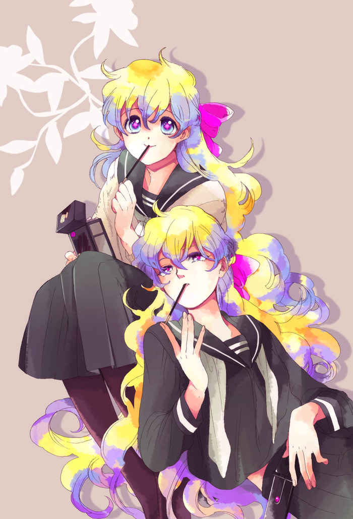 hino (moca), hino (pixiv33820), kanke (yonkuma), antispiral nia, nia teppelin, tengen toppa gurren lagann, artist collaboration, bad id, bad pixiv id, + +, 00s, blonde hair, blue eyes, cross-shaped pupils, dual persona, food, long hair, multicolored hair, pocky, school uniform, symbol-shaped pupils