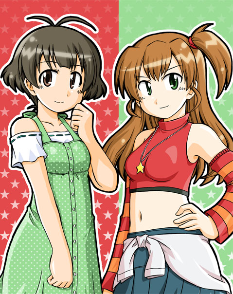furafura, akizuki ryo, sakurai yumeko, idolmaster, idolmaster dearly stars, striped, 00s, 1boy, 1girl, antenna hair, bare shoulders, blush, breasts, brown eyes, brown hair, crossdressing, detached sleeves, green eyes, jewelry, long hair, medium breasts, necklace, short hair, side ponytail, skirt, smile, trap, turtleneck