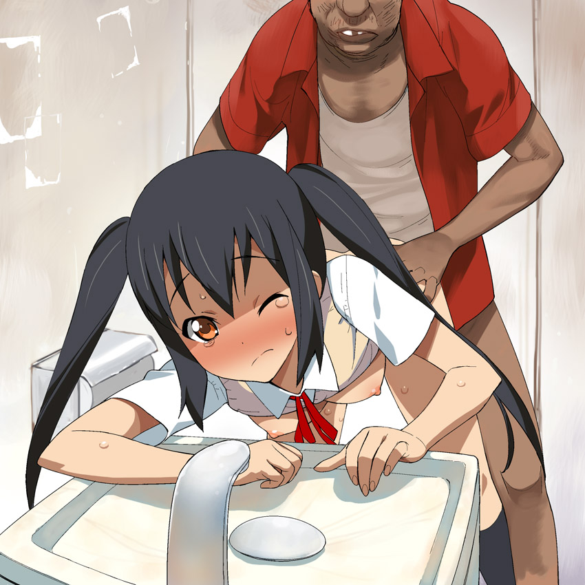 nakano azusa, k-on!, a1, 00s, 1boy, 1girl, bathroom, bent over, black hair, blush, bottomless, breasts, clothes lift, doggystyle, frown, hetero, long hair, orange eyes, rape, school uniform, sex, sex from behind, shirt lift, sink, socks, sweat, sweater vest, twintails, ugly bastard, vaginal, wince
