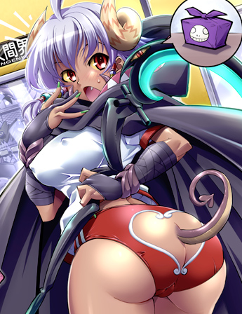 rakko (r2), lowres, 1girl, artistic error, ass, ass cutout, buruma, butt crack, cape, clothing cutout, covered erect nipples, dark-skinned female, dark skin, demon girl, demon tail, female focus, gym uniform, heart cutout, horns, nail polish, orange eyes, solo, tail, tail hole, white hair