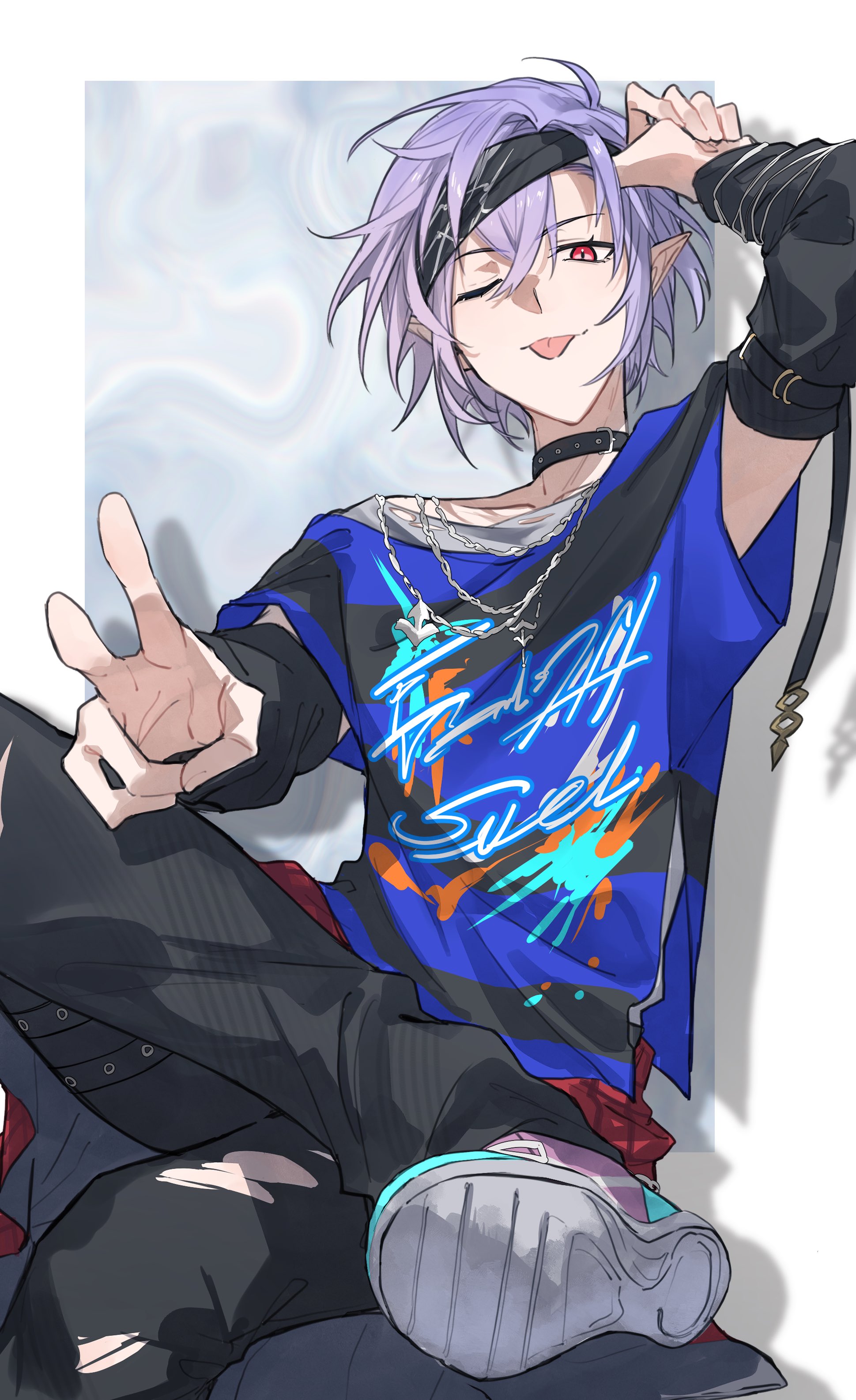 yakota (usuk-yako), grimnir (granblue fantasy), granblue fantasy, absurdres, highres, 1boy, arm up, black pants, blue shirt, closed mouth, collar, crossed bangs, detached sleeves, figure four sitting, headband, jewelry, looking at viewer, male focus, necklace, one eye closed, pants, pointy ears, purple hair, red eyes, shirt, shoes, short hair, short sleeves, sidelocks, sitting, slit pupils, sneakers, solo, tongue, tongue out, torn clothes, torn pants, v