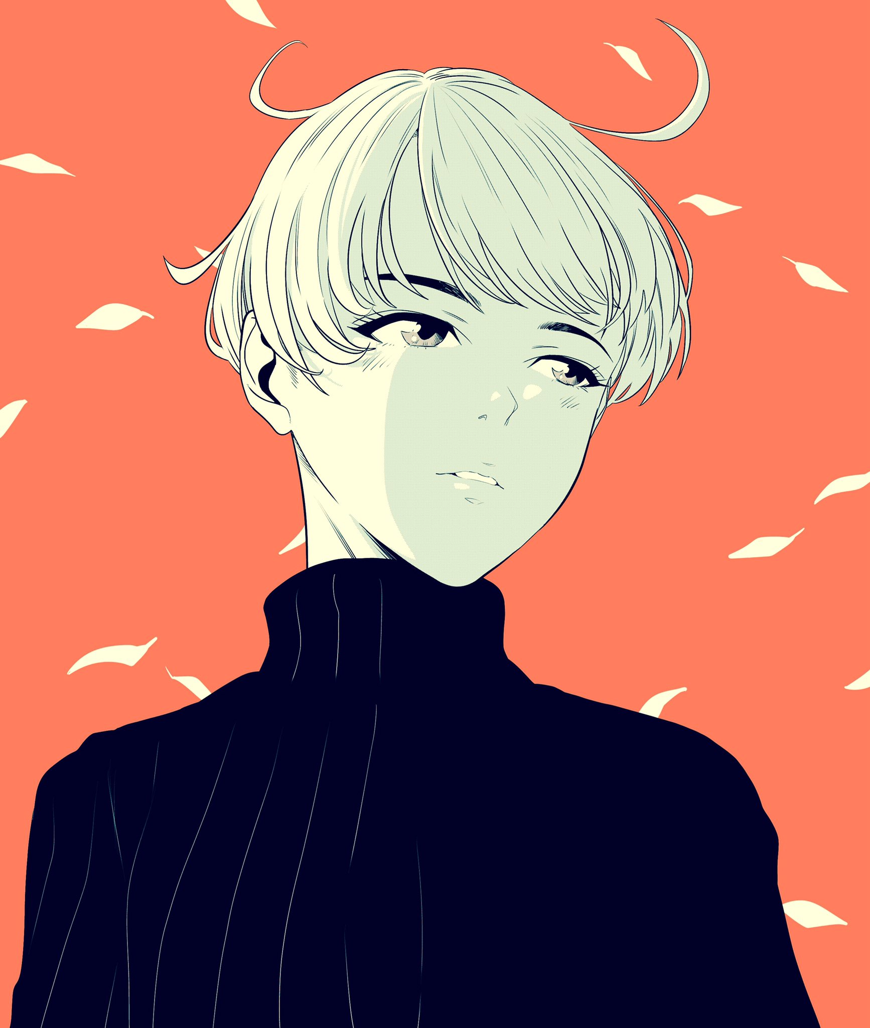 lee (dragon garou), original, commentary, highres, symbol-only commentary, 1other, androgynous, falling leaves, leaf, limited palette, looking to the side, orange hair, other focus, ribbed sweater, short hair, solo, sweater, turtleneck, turtleneck sweater