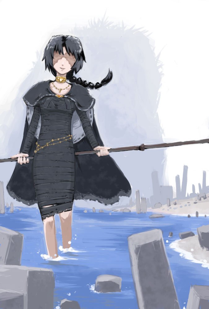 simuro, maiden in black, demon's souls, fromsoftware, 1girl, black hair, cape, choker, dress, female focus, jewelry, long hair, necklace, outdoors, ponytail, sky, solo, staff, water