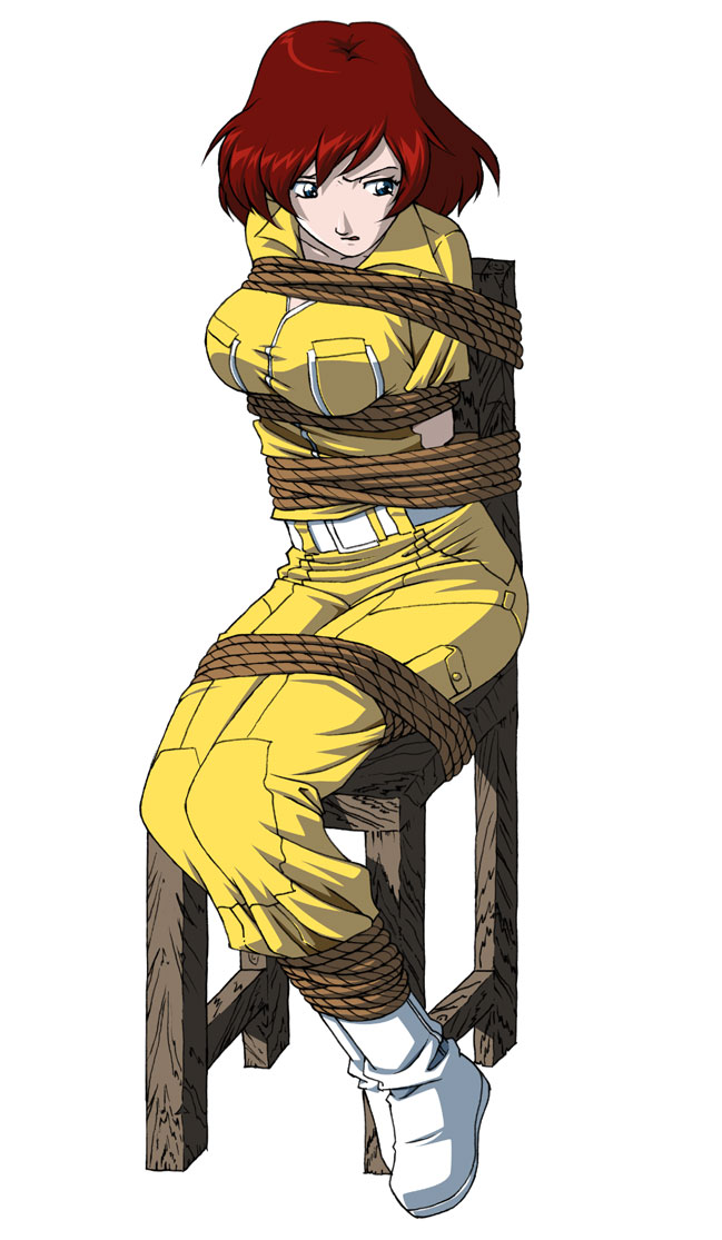 daikinbakuju, april o'neil, teenage mutant ninja turtles, teenage mutant ninja turtles (1987), looking away, 1girl, arms behind back, bdsm, blue eyes, bondage, boots, bound, chair, female focus, jumpsuit, on chair, red hair, rope, short hair, simple background, sitting, solo, tied to chair, toon (style), white background, white boots
