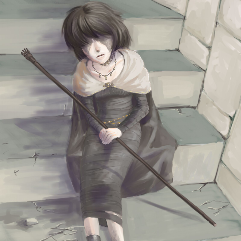tomnyon, maiden in black, demon's souls, fromsoftware, 1girl, black hair, cape, choker, dress, female focus, jewelry, necklace, short hair, sitting, solo, staff, stairs