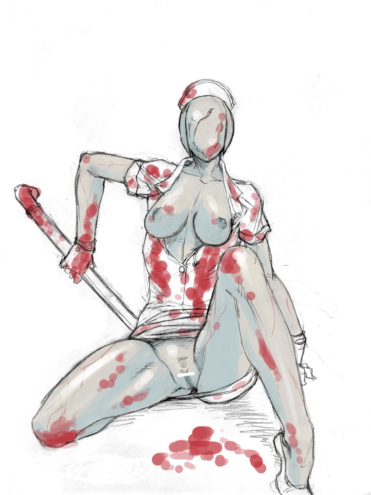 yamamayuga, nurse (silent hill), silent hill, silent hill (series), silent hill 2, blood, blouse, censored, colored skin, covered erect nipples, crowbar, grey skin, hat, miniskirt, monster, nipples, nurse, nurse cap, open clothes, open shirt, pussy, shirt, skirt, weapon