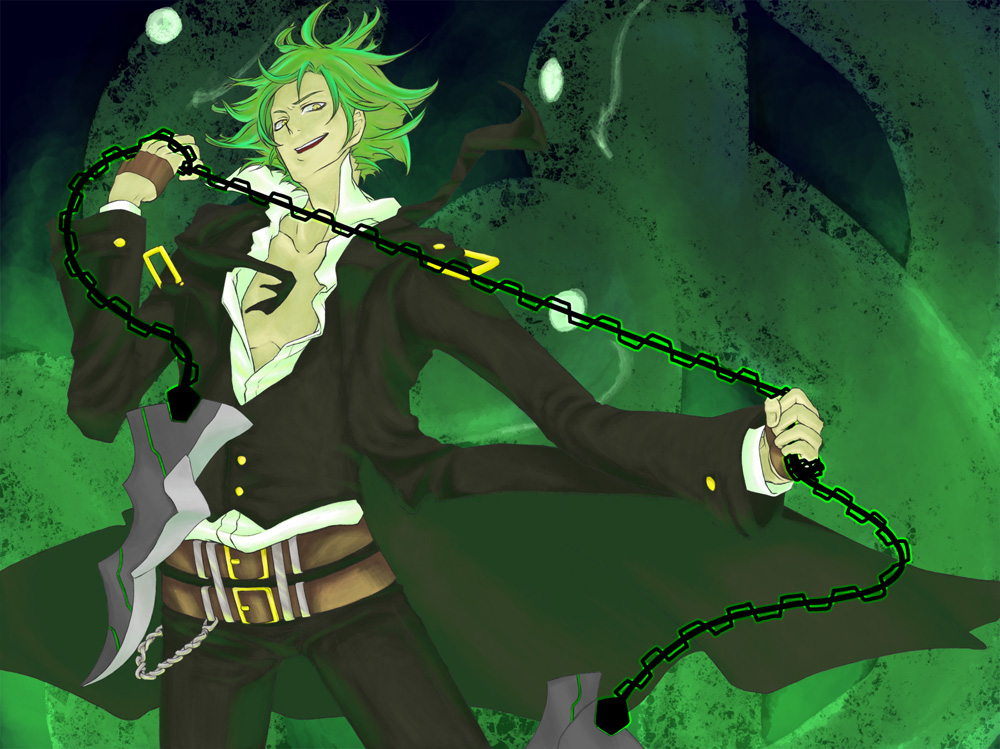 kuroshima tom, hazama, arc system works, blazblue, blade, resized, 1boy, belt, chain, fedora, fingerless gloves, gloves, green hair, grin, hat, male focus, open clothes, open shirt, shirt, smile, solo, yellow eyes