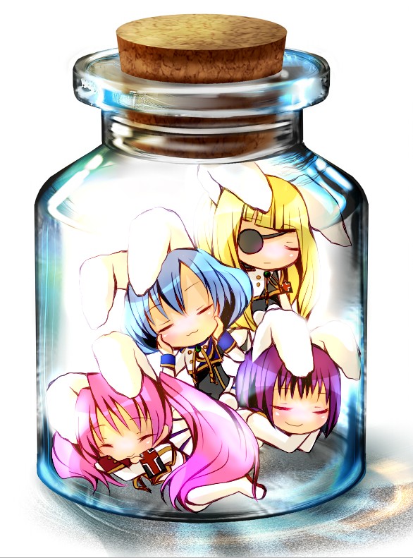 cha32, chiester00, chiester410, chiester45, chiester556, chiester sisters, umineko no naku koro ni, 00s, 4girls, animal ears, bottle, bottle meme (pixiv), closed eyes, cork, eyepatch, glass, in bottle, in container, jar, multiple girls, rabbit ears, sleeping