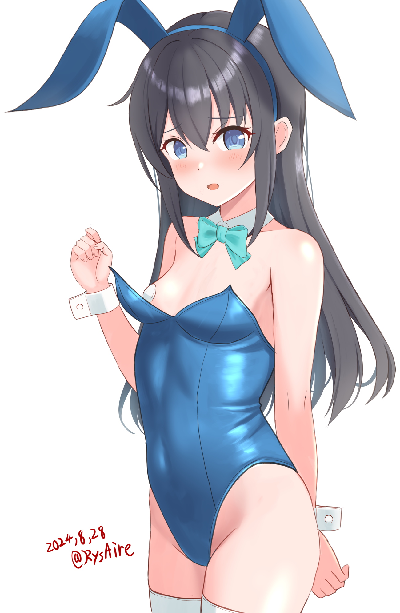 ame-san, asashio (kancolle), kantai collection, commentary request, highres, revision, 1girl, animal ears, bare shoulders, black hair, blue eyes, blue leotard, blush, bow, bowtie, breasts, cowboy shot, dated, detached collar, embarrassed, fake animal ears, leotard, long hair, looking at viewer, open mouth, pasties, playboy bunny, rabbit ears, simple background, small breasts, solo, strapless, strapless leotard, thighhighs, twitter username, white background, white thighhighs, wrist cuffs