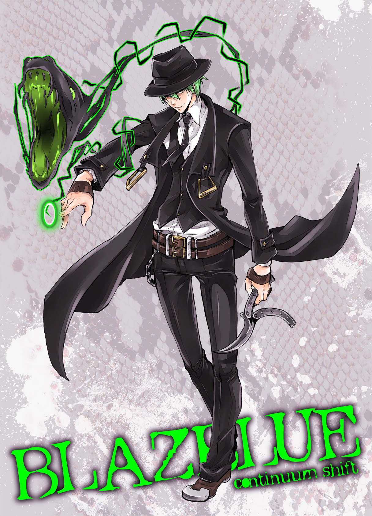 sumeshi (ambivalince), hazama, arc system works, blazblue, highres, 1boy, belt, coat, copyright name, fedora, fingerless gloves, formal clothes, gloves, green hair, grin, hat, knife, long coat, male focus, necktie, smile, snake, solo, trench coat