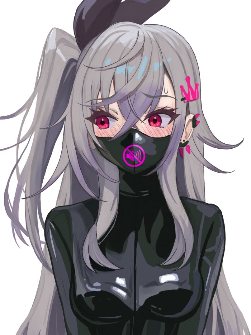 raftetram, isaki riona, hololive, commentary request, blush, bodysuit, bound, breasts, cloth gag, gag, gagged, grey hair, improvised gag, latex, latex bodysuit, long hair, looking to the side, medium breasts, over the nose gag, purple eyes, restrained, side ponytail, skin tight, very long hair, virtual youtuber
