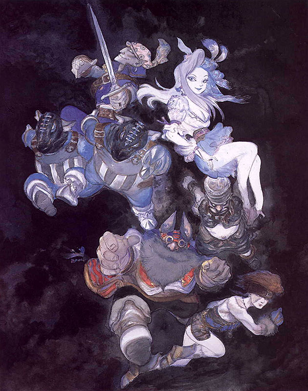 amano yoshitaka, baku (ff9), blank (ff9), cinna (ff9), marcus (ff9), nero brothers, ruby (ff9), final fantasy, final fantasy ix, black footwear, silver hair, official art, 00s, 1girl, 5boys, armor, bandana, bare shoulders, beard, black pants, blue gloves, blue lips, blue skirt, boots, breasts, brown hair, cleavage, closed mouth, colored skin, corset, cuffs, facial hair, frilled sleeves, frills, full body, gloves, goggles, grey eyes, grey hat, hat, headband, helmet, holding, holding sword, holding weapon, invisible chair, knee boots, long hair, looking at viewer, mask, medium breasts, multiple boys, navel, outstretched arms, pants, pointy ears, puffy short sleeves, puffy sleeves, sheath, short sleeves, sitting, skirt, smile, sword, unsheathing, weapon, white skin