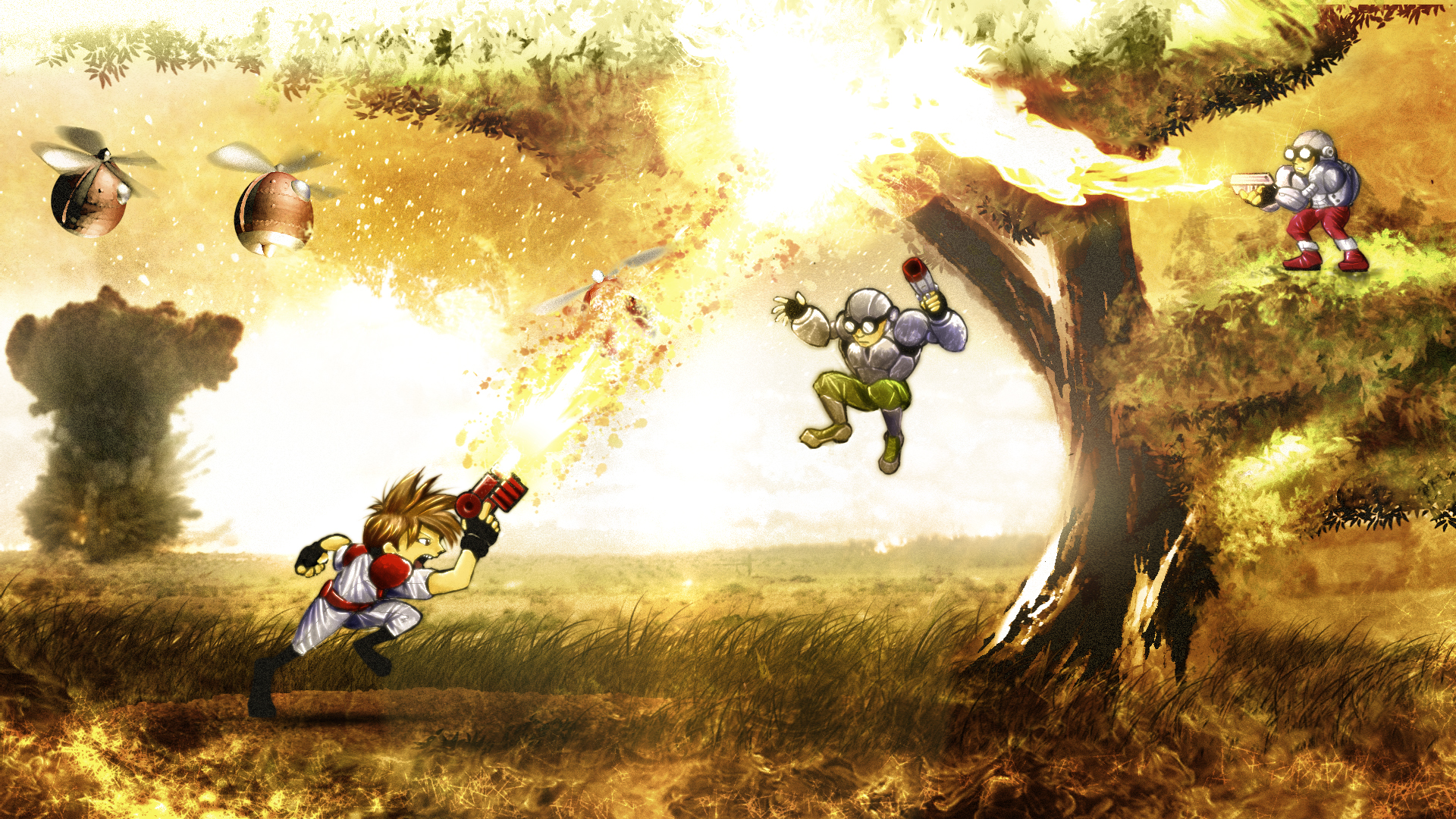 gunstar red, gunstar heroes, highres, 3boys, fake screenshot, fingerless gloves, fire, flamethrower, gloves, gun, male focus, multiple boys, shoulder pads, tree, weapon