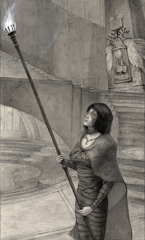 seven purple, maiden in black, demon's souls, fromsoftware, traditional media, 1girl, black hair, cape, choker, dress, female focus, jewelry, looking up, monochrome, necklace, short hair, solo, spot color, staff