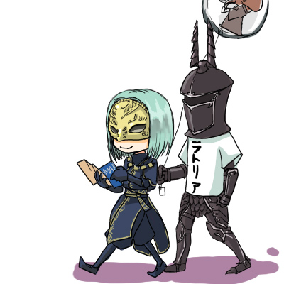 murai shinobu, mephistopheles, mindflayer, yurt the silent chief, demon's souls, fromsoftware, lowres, 1boy, 1girl, armor, balloon, blue hair, helmet, map, mask, shirt, short hair, t-shirt