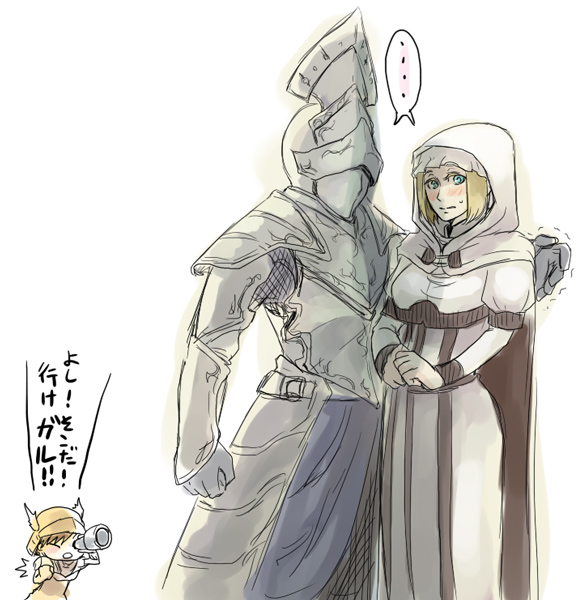 murai shinobu, garl vinland, maiden astraea, selen vinland, demon's souls, fromsoftware, translated, 1boy, 2girls, ^^^, armor, blonde hair, blue eyes, blush, brown hair, cloak, couple, full armor, helmet, hetero, hood, hooded cloak, megaphone, multiple girls, robe, short hair, telescope, trembling