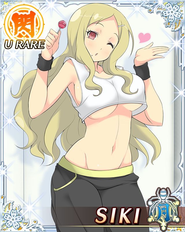 shiki (senran kagura), senran kagura, senran kagura new wave, game cg, official art, third-party source, 1girl, :o, armpit crease, arms up, black pants, blonde hair, blowing kiss, border, breasts, candy, card (medium), character name, crop top, cropped shirt, food, groin, heart, holding, holding candy, holding food, holding lollipop, large breasts, lollipop, long hair, looking at viewer, middle part, mole, mole under mouth, multiple wristbands, navel, one eye closed, pants, parted bangs, red eyes, solo, sweatpants, tank top, underboob, white tank top