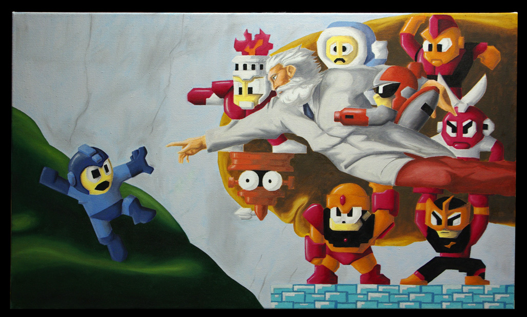 bomb man, cut man, dr. light (mega man), elec man, fire man, guts man, ice man, mega man (character), proto man, capcom, mega man (classic), mega man (series), mega man 1, the creation of adam, photo (medium), scan, traditional media, 6+boys, android, fine art parody, lab coat, male focus, multiple boys, parody, science fiction, scientist