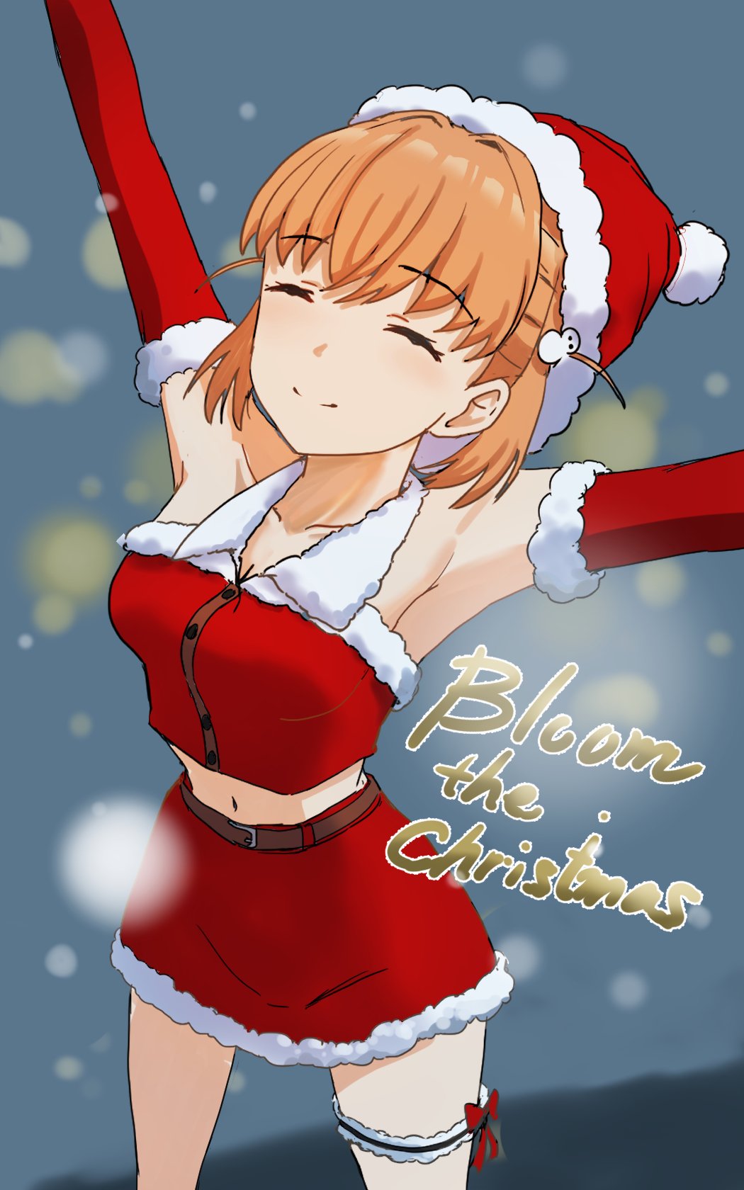 nonaka kokoro, hinoshita kaho, link! like! love live!, love live!, commentary request, highres, 1girl, alternate costume, armpits, bare shoulders, breasts, cleavage, closed mouth, collarbone, cowboy shot, crossed bangs, english text, facing viewer, fur-trimmed headwear, fur-trimmed shirt, fur-trimmed skirt, fur trim, hair intakes, hat, medium breasts, midriff, miniskirt, navel, orange hair, red hat, red skirt, red sleeves, santa costume, shirt, skirt, sleeveless, sleeveless shirt, smile, solo, split mouth, thigh strap, virtual youtuber