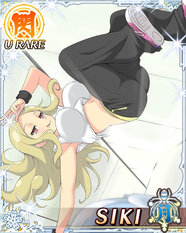 shiki (senran kagura), senran kagura, senran kagura new wave, game cg, official art, third-party source, 1girl, :q, armpit crease, black pants, blonde hair, border, breasts, card (medium), character name, closed mouth, crop top, cropped shirt, handstand, large breasts, long hair, looking at viewer, middle part, mole, mole under mouth, multiple wristbands, navel, one arm handstand, pants, parted bangs, red eyes, shoes, smile, sneakers, solo, sweatpants, tank top, tongue, tongue out, v, white tank top