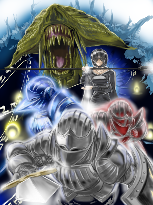 narukami, black phantom, blue phantom, maiden in black, demon's souls, fromsoftware, 1girl, 3others, armor, black hair, candle, cape, dragon, helmet, jewelry, knight, multiple others, necklace, robe, shield, short hair, staff, standing, sword, weapon