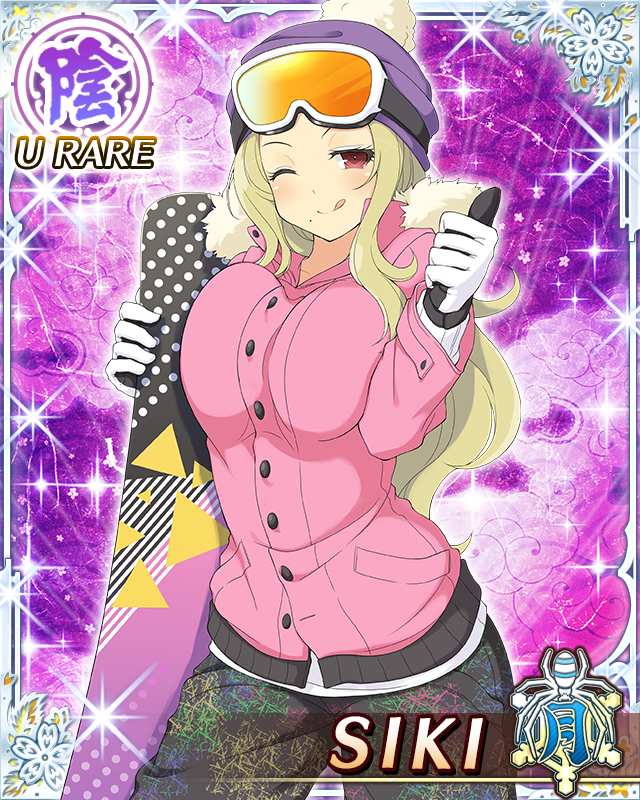 shiki (senran kagura), senran kagura, senran kagura new wave, game cg, official art, third-party source, 1girl, :q, beanie, black pants, blonde hair, border, breasts, card (medium), character name, closed mouth, coat, gloves, goggles, goggles on head, goggles on headwear, hat, holding snowboard, large breasts, long hair, looking at viewer, middle part, mole, mole under mouth, one eye closed, pants, parted bangs, pink coat, pom pom (clothes), pom pom beanie, purple hat, red eyes, smile, solo, thumbs up, tongue, tongue out, white gloves, winter clothes, winter coat