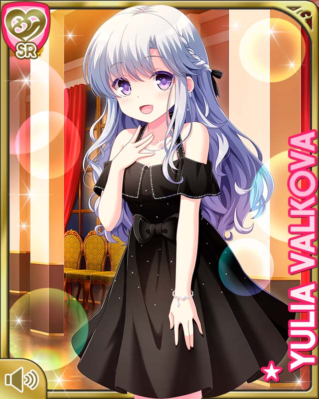 qp:flapper, yulia valkova, girlfriend (kari), official art, 1girl, :d, bare legs, bare shoulders, black bow, black dress, bow, coat, dress, grey hair, indoors, long hair, mansion, night, open mouth, purple eyes, smile, white coat