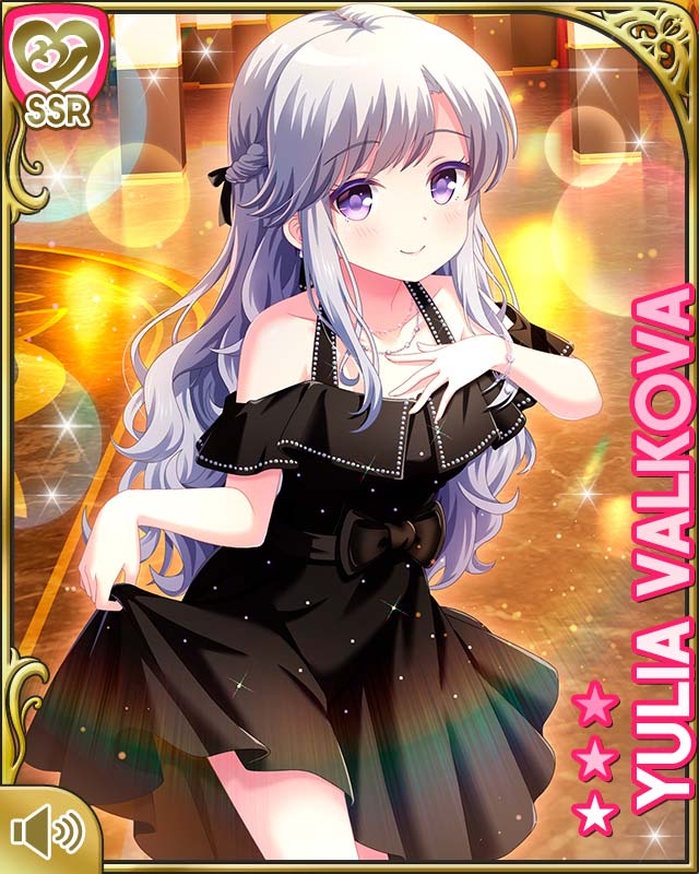 qp:flapper, yulia valkova, girlfriend (kari), official art, 1girl, bare legs, bare shoulders, black bow, black dress, bow, coat, dress, grey hair, indoors, long hair, mansion, night, purple eyes, smile, white coat