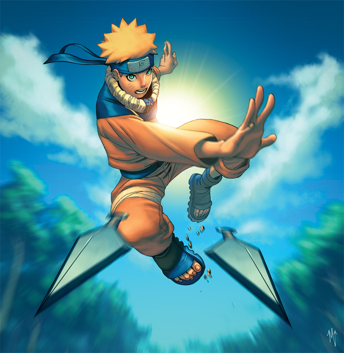 zurdom, uzumaki naruto, naruto (classic), naruto (series), 1boy, blue eyes, foreshortening, headband, konohagakure symbol, male focus, open mouth, orange hair, solo, weapon