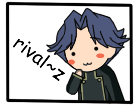 rivalz cardemonde, code geass, lowres, 1boy, :3, black eyes, blue hair, blush, male focus, nyoro~n, parody, solo, white background