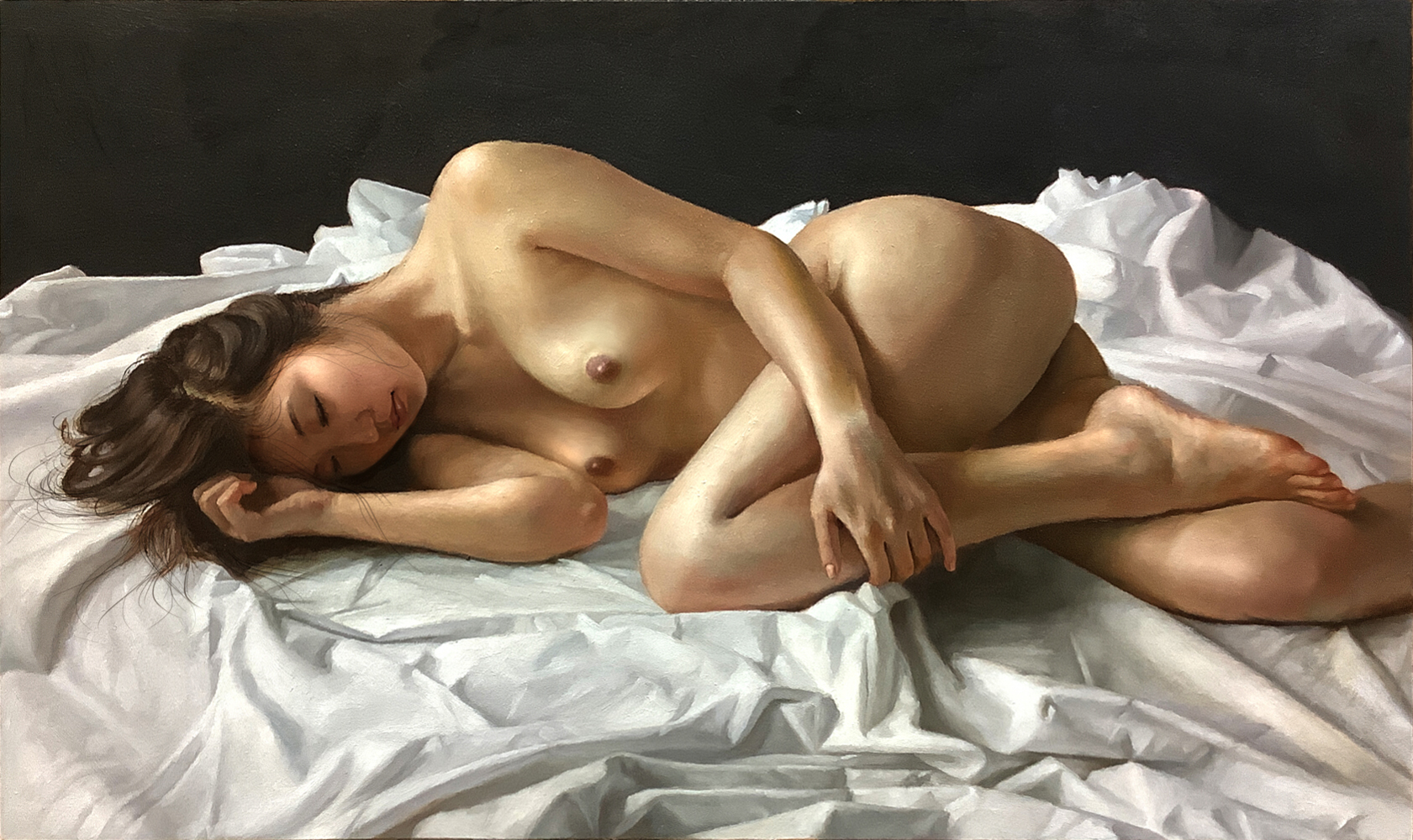 original, commentary, commentary request, highres, oil painting (medium), painting (medium), traditional media, 1girl, asian, bed sheet, black hair, breasts, closed mouth, completely nude, feet, foot out of frame, hair spread out, hand on own leg, hand up, kasumi kaworu, knee up, lying, medium breasts, nipples, nude, on side, realistic, sleeping, solo, toes