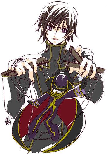 lelouch vi britannia, zero (code geass), code geass, 00s, 1boy, black hair, cape, chibi, doll, gloves, helmet, male focus, marionette, mask, open mouth, puppet, purple eyes, school uniform, solo, string