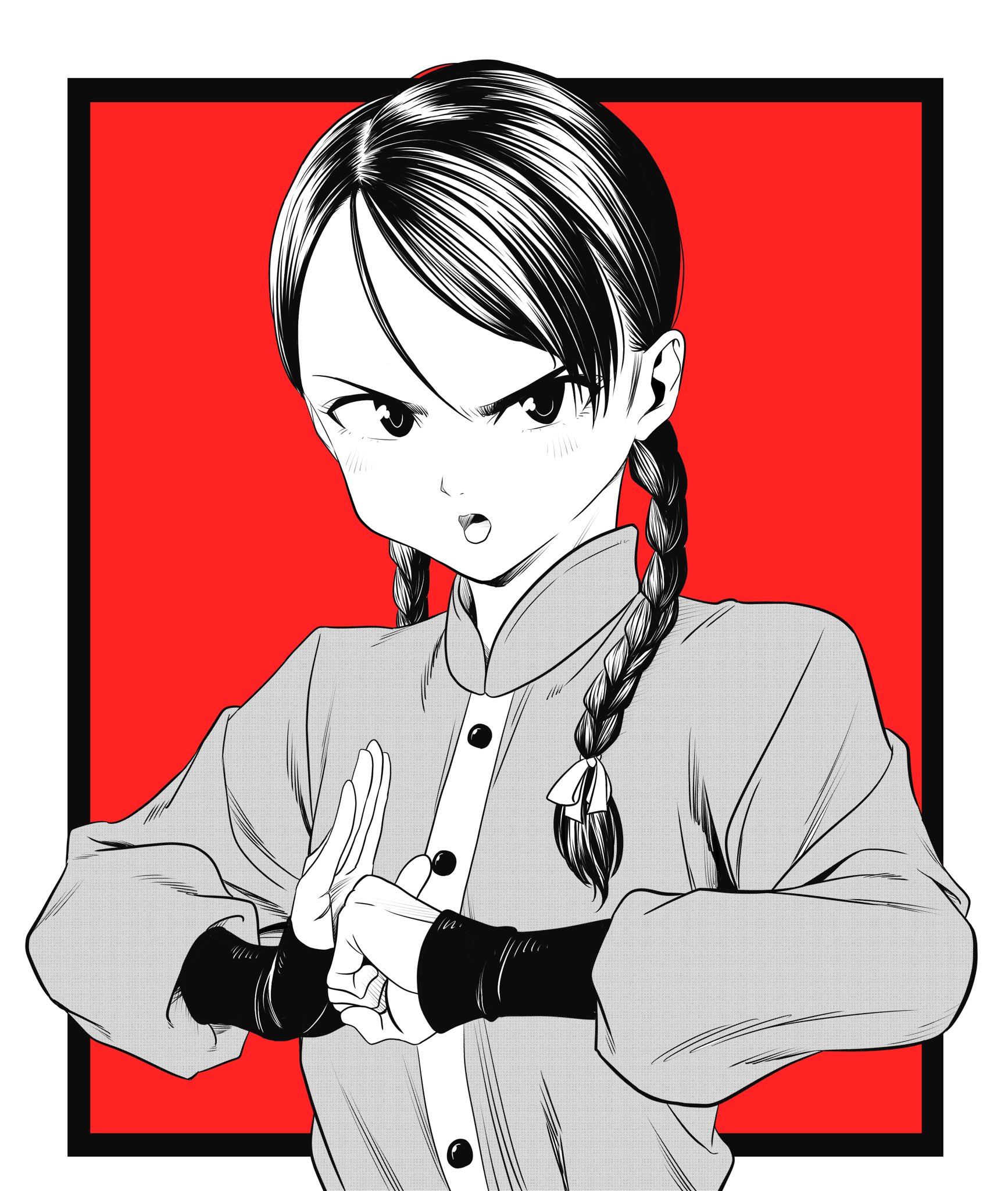 lee (dragon garou), original, commentary request, highres, 1girl, braid, chinese clothes, clenched hand, greyscale with colored background, long sleeves, low twin braids, open mouth, puffy long sleeves, puffy sleeves, red background, sleeves past wrists, solo, tangzhuang, twin braids, upper body, v-shaped eyebrows