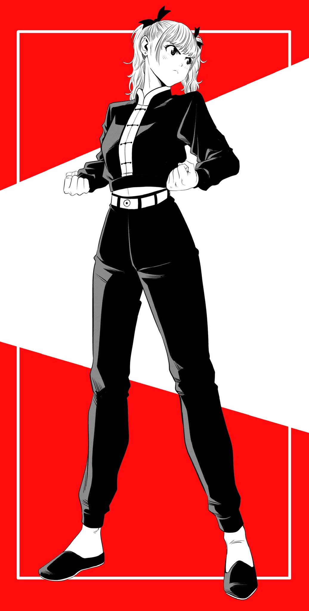 lee (dragon garou), original, commentary request, highres, 1girl, belt, chinese clothes, clenched hands, cropped jacket, frown, full body, greyscale with colored background, high-waist pants, looking to the side, pants, red background, serious, solo, tangzhuang, twintails, v-shaped eyebrows