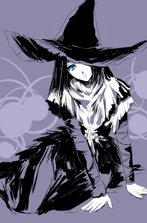 mera nattou, natto mela, yuria the witch, demon's souls, fromsoftware, bad id, bad pixiv id, 1girl, black hair, blue eyes, capelet, dress, female focus, hat, hat over one eye, long sleeves, looking at viewer, monochrome, one eye covered, purple theme, short hair, sitting, solo, spot color, witch, witch hat