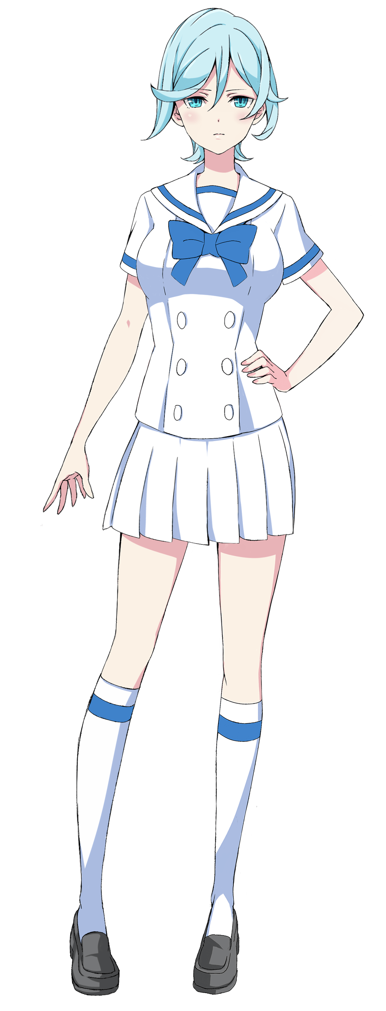 nana (henkei shoujo), henkei shoujo, absurdres, highres, official art, 1girl, blue eyes, blue hair, breasts, full body, hand on own hip, sailor, sailor collar, school uniform, serafuku, shoes, skirt, socks, solo