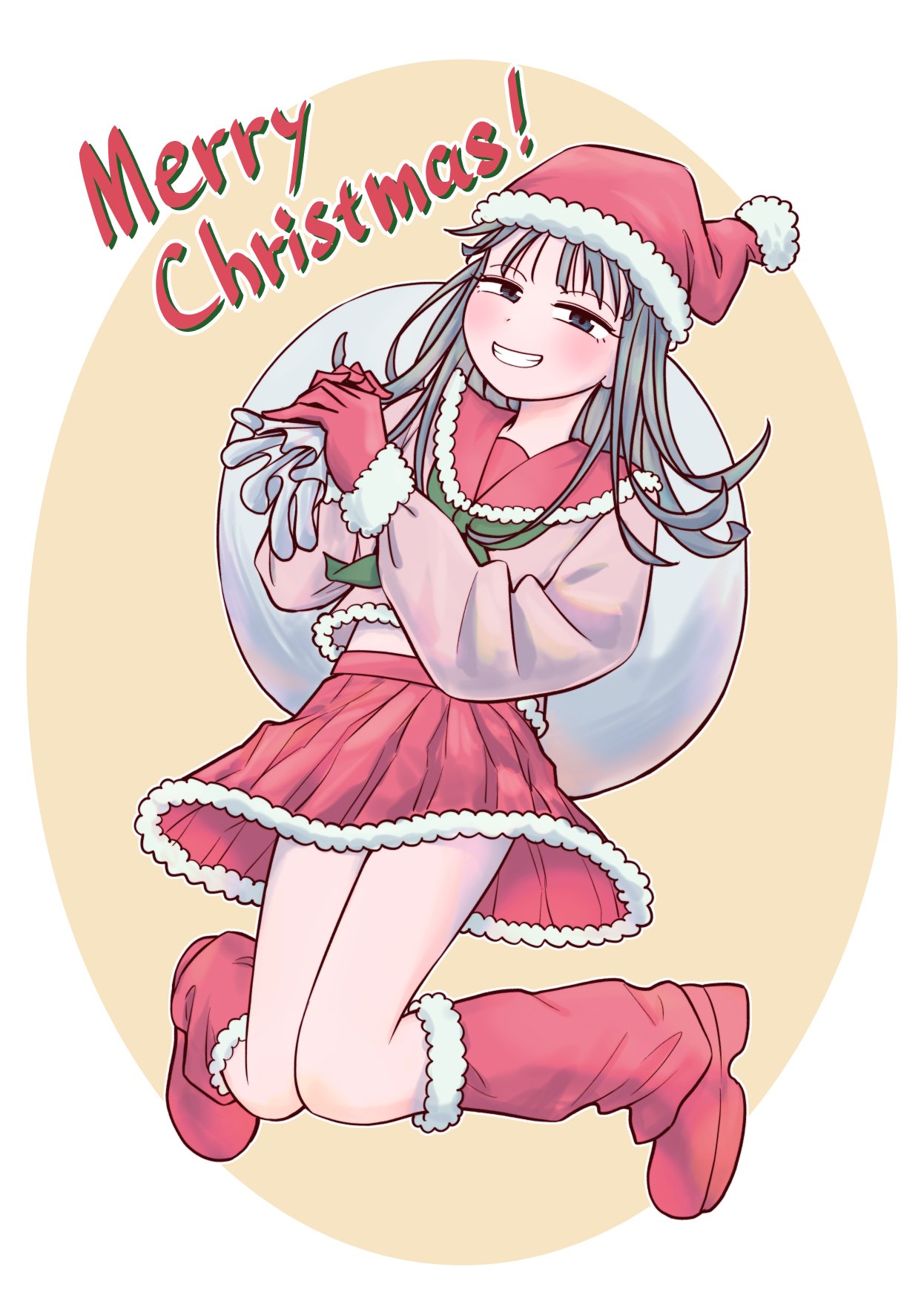 commentary request, highres, 1girl, black eyes, black hair, boots, border, christmas, full body, fur-trimmed boots, fur-trimmed headwear, fur-trimmed skirt, fur trim, gloves, green neckerchief, grin, hat, holding, holding sack, kyou kara hajimeru osananajimi, long hair, looking at viewer, merry christmas, midriff peek, neckerchief, obiya midori, pink shirt, red boots, red gloves, red hat, red sailor collar, red skirt, round border, sack, sailor collar, santa costume, santa hat, shirt, skirt, smile, solo, white border, yellow background, yuzuki kaede