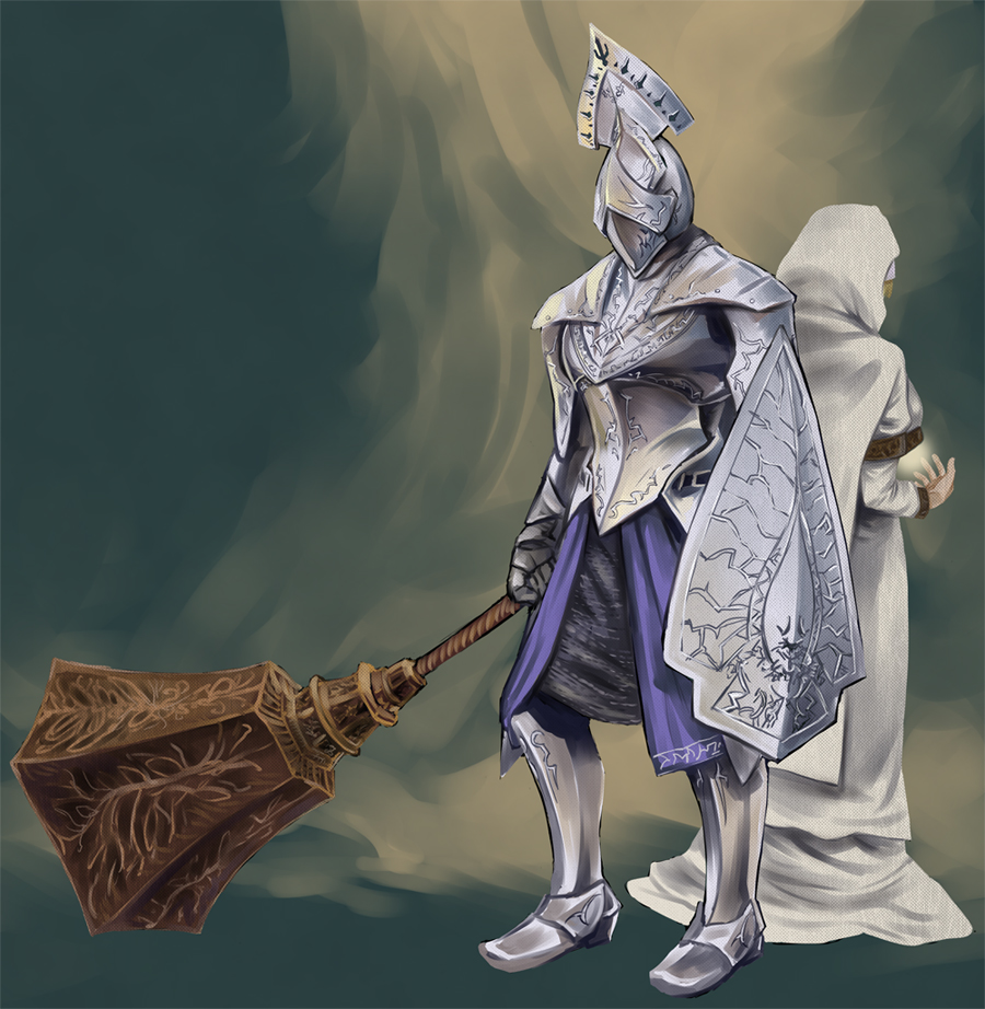 asanagi, garl vinland, maiden astraea, demon's souls, fromsoftware, 1boy, 1girl, armor, back-to-back, couple, dress, full armor, helmet, huge weapon, mace, magic, robe, shield, weapon