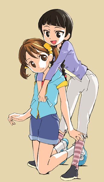 nse, fukuzawa yumi, shimazu yoshino, maria-sama ga miteru, 00s, 2girls, blouse, blue shirt, braid, casual, hug, multiple girls, purple shirt, shirt, simple background, socks, yellow background