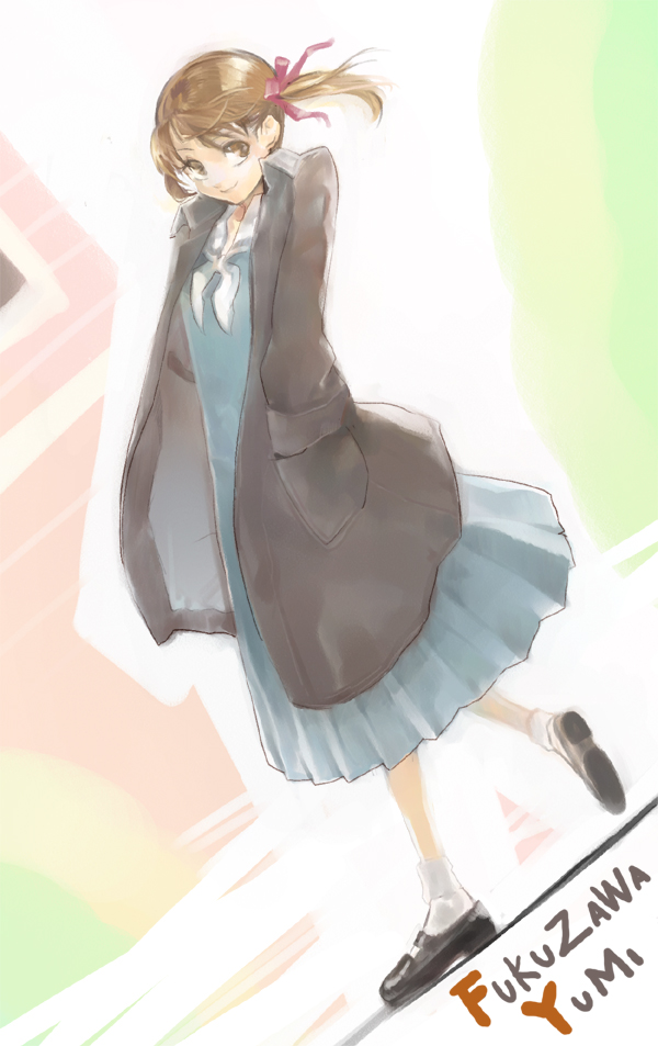 lver (artist), fukuzawa yumi, maria-sama ga miteru, bad id, bad pixiv id, 00s, 1girl, brown eyes, brown hair, character name, coat, dutch angle, female focus, floating hair, full body, hand in pocket, long skirt, school uniform, serafuku, skirt, socks, solo, twintails, white socks