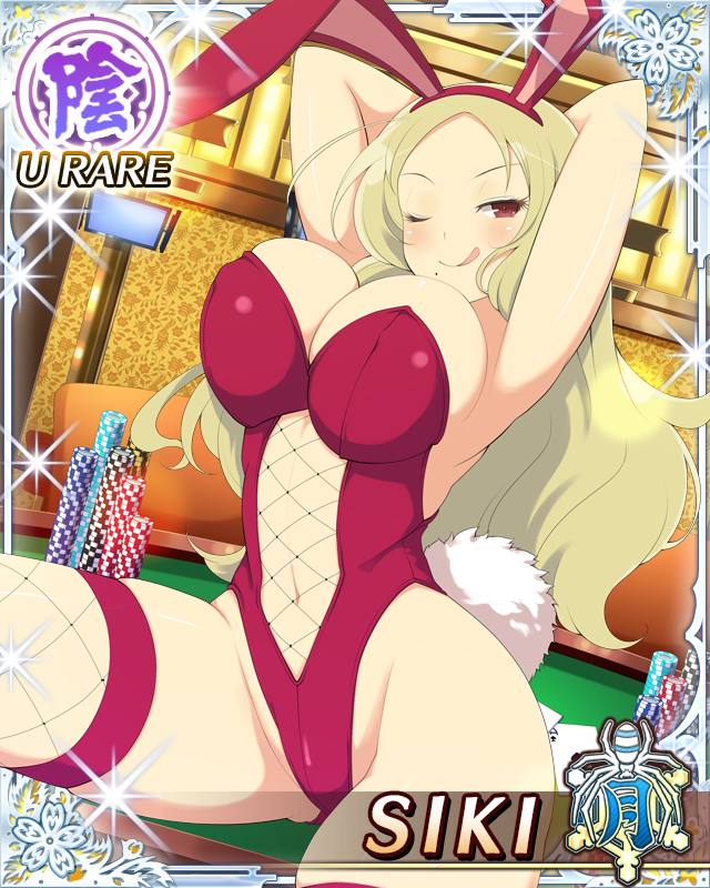 shiki (senran kagura), senran kagura, senran kagura new wave, game cg, official art, third-party source, 1girl, :q, animal ear hairband, animal ears, armpits, arms behind head, arms up, ass, blonde hair, border, breasts, card (medium), casino, character name, closed mouth, fake animal ears, fake tail, fishnet cutout, fishnet thighhighs, fishnets, gluteal fold, hairband, highleg, highleg leotard, indoors, large breasts, leotard, light blush, long hair, looking at viewer, middle part, mole, mole under mouth, navel, one eye closed, parted bangs, playboy bunny, poker chip, poker table, rabbit ear hairband, rabbit ears, rabbit tail, red eyes, red leotard, sitting, skindentation, smile, solo, strapless, strapless leotard, table, tail, thighhighs, tongue, tongue out