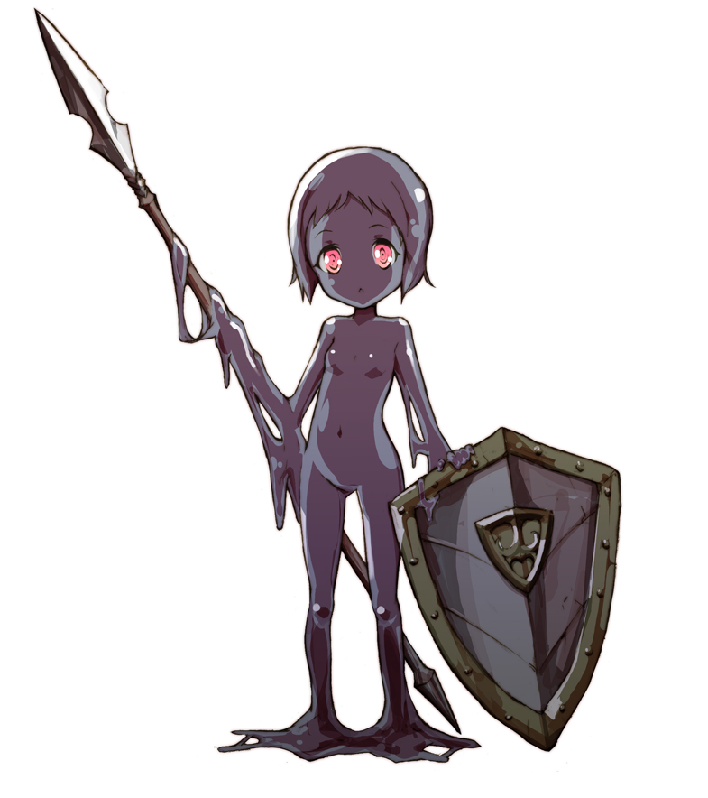 inata wataru, phalanx, phalangeal, phalanx (demon's souls), demon's souls, fromsoftware, 1girl, :<, colored skin, female focus, grey hair, grey skin, holding behind back, holding polearm, holding polearm behind back, holding weapon, holding weapon behind back, loli, monster girl, navel, nude, personification, pink eyes, polearm, red eyes, shield, short hair, slime girl, solo, spear, weapon
