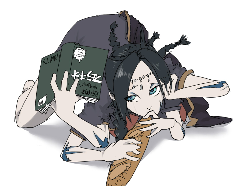 ysd, fool's idol, demon's souls, fromsoftware, translation request, 1girl, black hair, blue eyes, book, bread, dress, extra arms, female focus, food, full body, long hair, multi limb, solo, tiara, white background