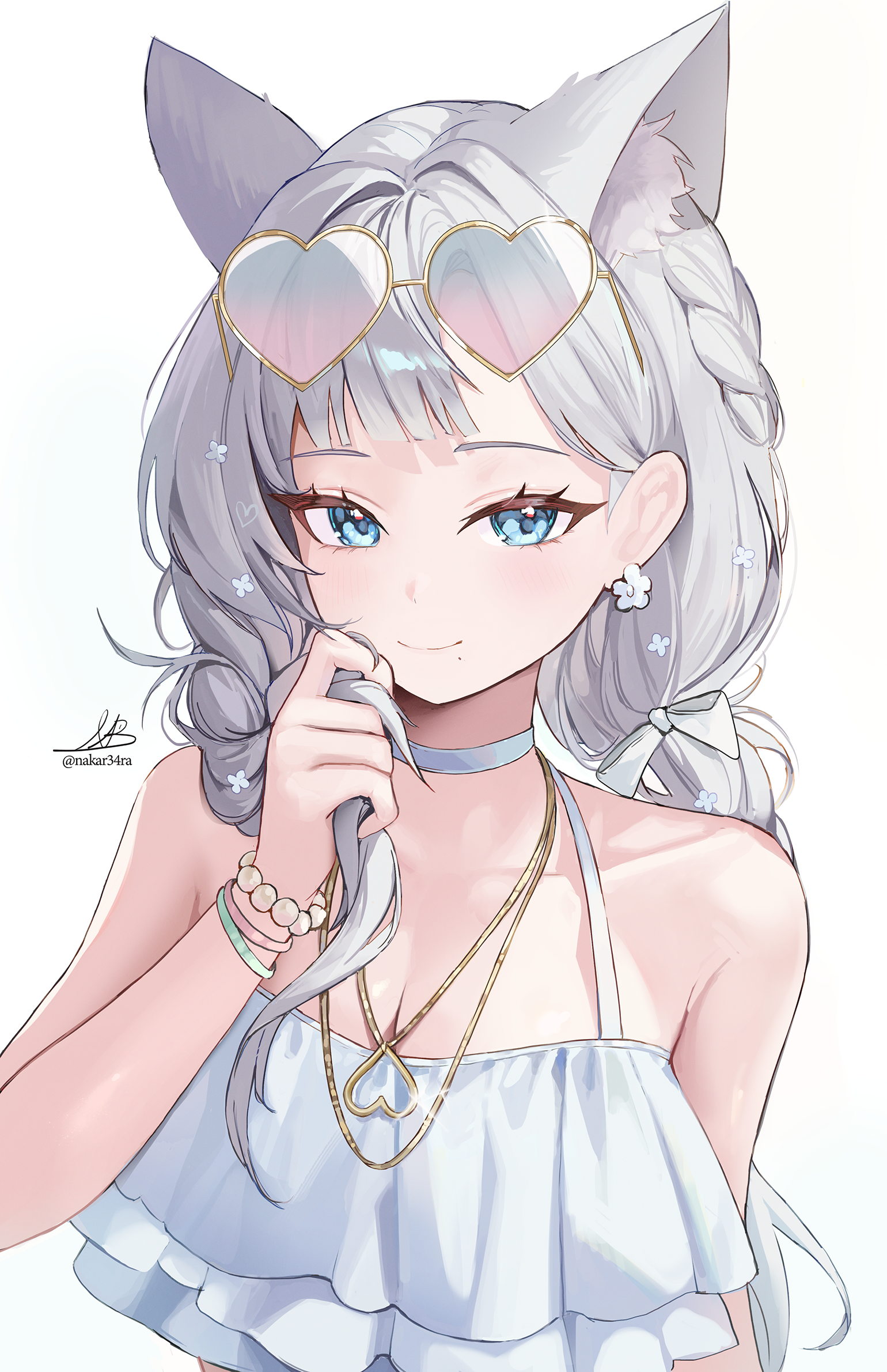 nakar34ra, original, commentary request, highres, revision, 1girl, animal ear fluff, animal ears, blue eyes, borrowed character, bracelet, braid, breasts, cleavage, closed mouth, eyewear on head, gradient-tinted eyewear, grey hair, halterneck, heart, heart-shaped eyewear, holding, holding own hair, jewelry, large breasts, long hair, looking at viewer, mole, mole under mouth, necklace, signature, simple background, smile, solo, tinted eyewear, twin braids, upper body, white background