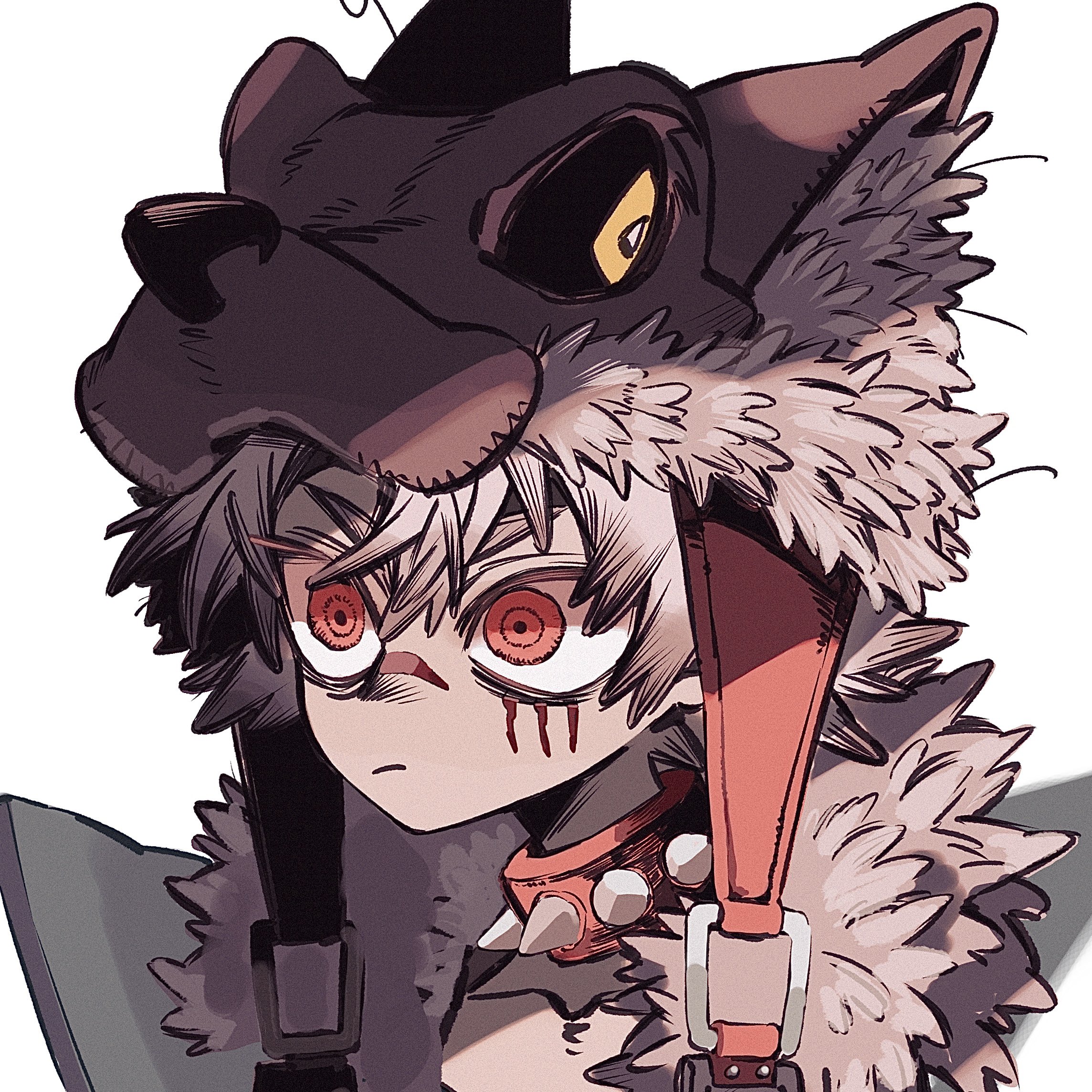 rudo surebrec, gachiakuta, commentary request, highres, 1boy, :/, choker, closed mouth, collarbone, grey hair, hair between eyes, hat, male focus, red choker, red eyes, ringed eyes, short hair, simple background, solo, spiked choker, spikes, tanitani 99, white background, wide-eyed, wolf hat