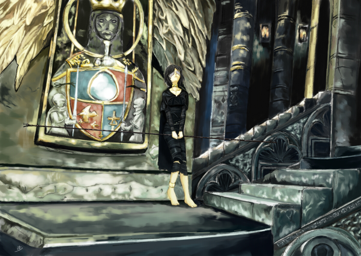 maiden in black, demon's souls, fromsoftware, 1girl, anklet, barefoot, black hair, cape, choker, dress, feet, female focus, jewelry, necklace, short hair, solo, staff, standing