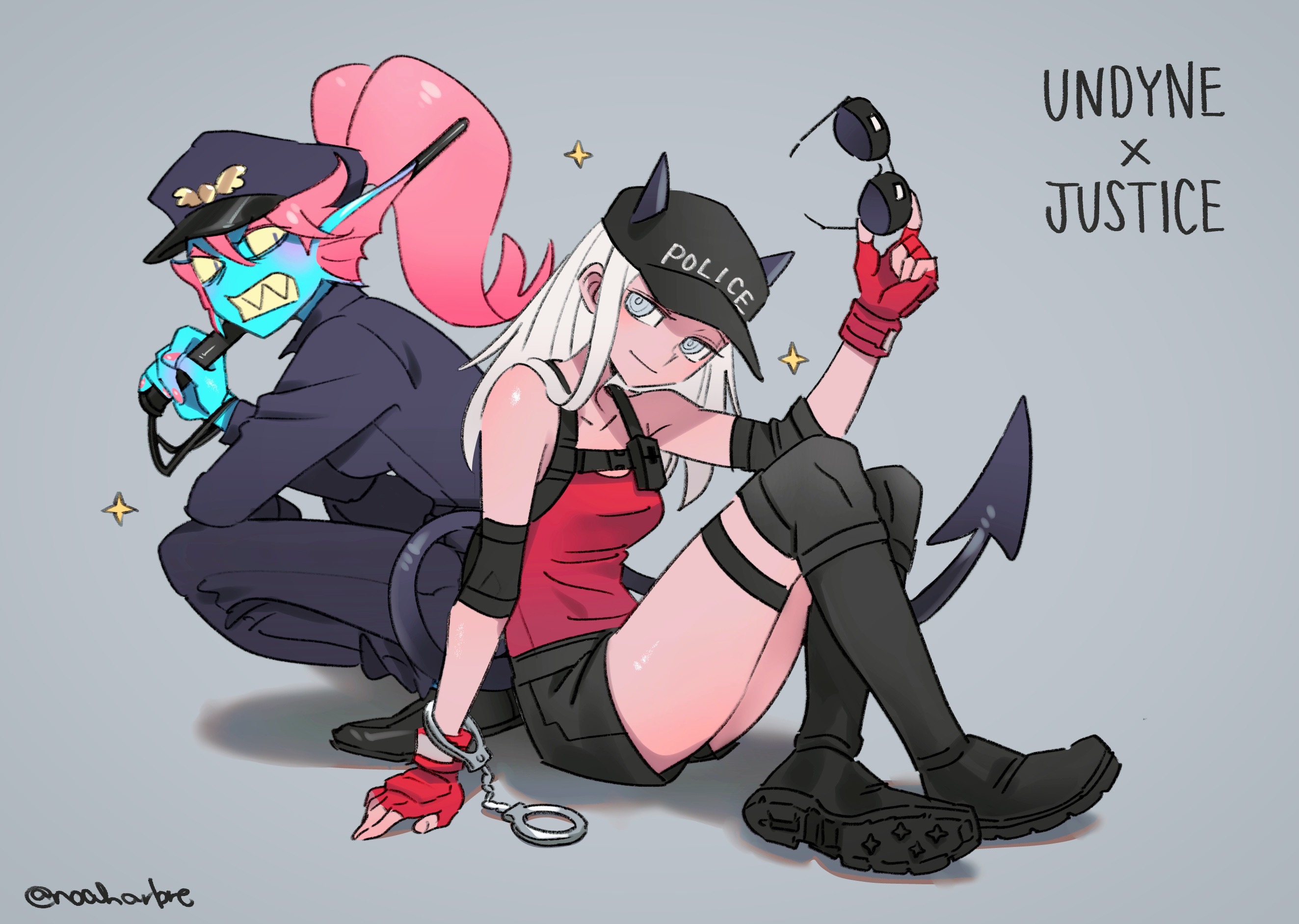 noah (tettsui-sole), chief undyne, justice (helltaker), undyne, deltarune, helltaker, utdr (toby fox), commentary, english commentary, highres, mixed-language commentary, 2girls, black hat, black horns, black jacket, black pants, blue skin, character name, colored skin, demon girl, demon horns, demon tail, english text, fins, gloves, grey background, hat, holding, horns, jacket, knees up, long hair, multiple girls, over-kneehighs, pants, peaked cap, police, police uniform, policewoman, ponytail, red hair, sharp teeth, shorts, sitting, smile, sparkle, tail, teeth, thighhighs, twitter username