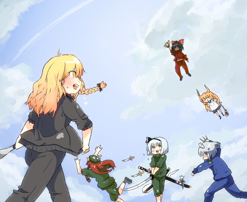 mara-tan, hakurei reimu, hong meiling, ibuki suika, izayoi sakuya, kirisame marisa, konpaku youmu, konpaku youmu (ghost), touhou, bad id, bad pixiv id, > <, 6+girls, alternate costume, baseball, baseball bat, blonde hair, closed eyes, contemporary, day, female focus, flying sweatdrops, gym uniform, katana, knife, multiple girls, sky, sleeves pushed up, sweatdrop, sword, throwing knife, track suit, weapon