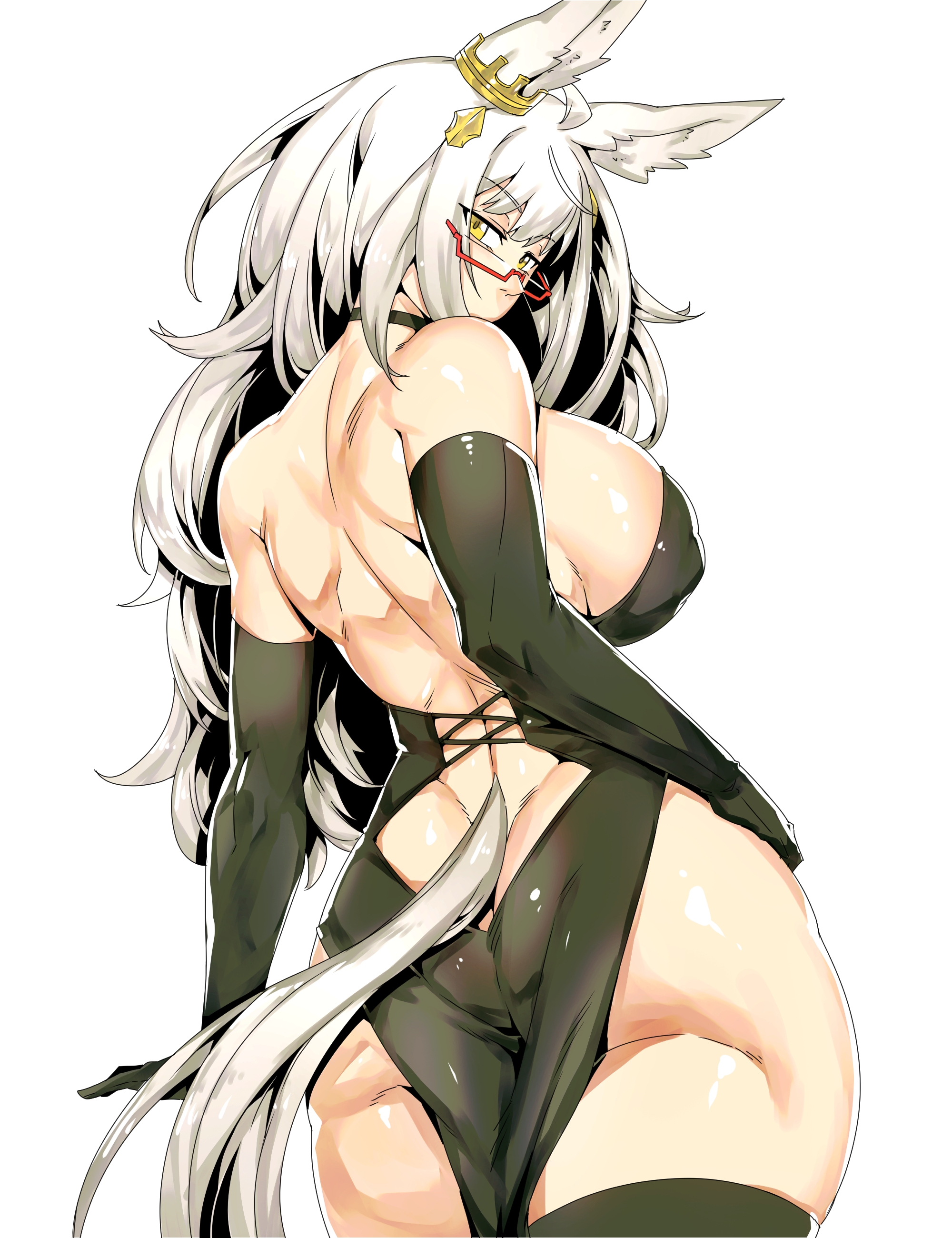 minew, biwa hayahide (umamusume), umamusume, absurdres, commentary, english commentary, highres, 1girl, animal ears, ass, back, backless dress, backless outfit, bare shoulders, black dress, black gloves, black thighhighs, breasts, butt crack, choker, dress, ear ornament, elbow gloves, glasses, gloves, horse ears, horse girl, horse tail, large breasts, long hair, looking at viewer, looking back, pelvic curtain, sideboob, solo, tail, thighhighs, white hair, yellow eyes